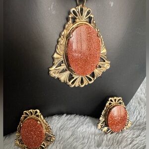 Vintage Goldstone Pendan & Clip Earrings